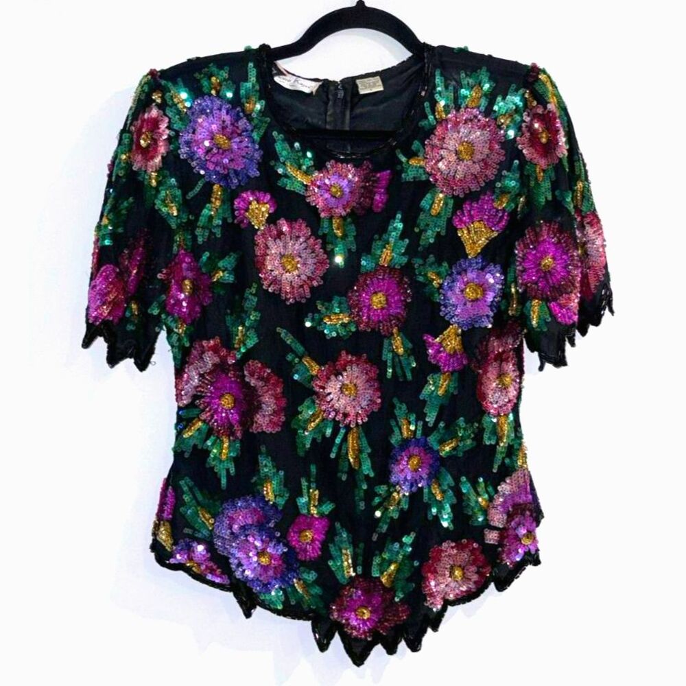 Vintage Laurence Kazar Silk Floral Sequin Beaded Top Size L